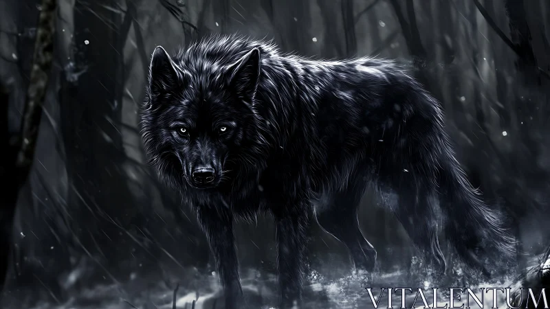 Moonlit obsidian wolf prowls through a spectral winter forest.