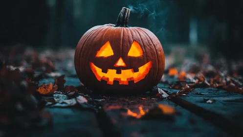 Glowing jack o lantern on wet autumn leaves at dusk