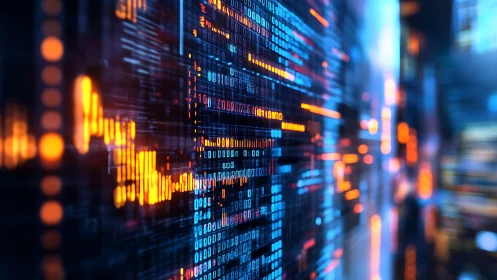 Glowing data streams flow across a futuristic digital wall.