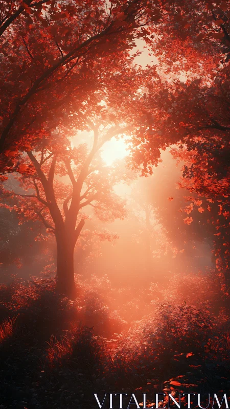 Sunlight penetrates dense red foliage in a forest clearing