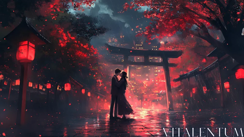 Couple stands under torii in rainy lantern lit temple street.