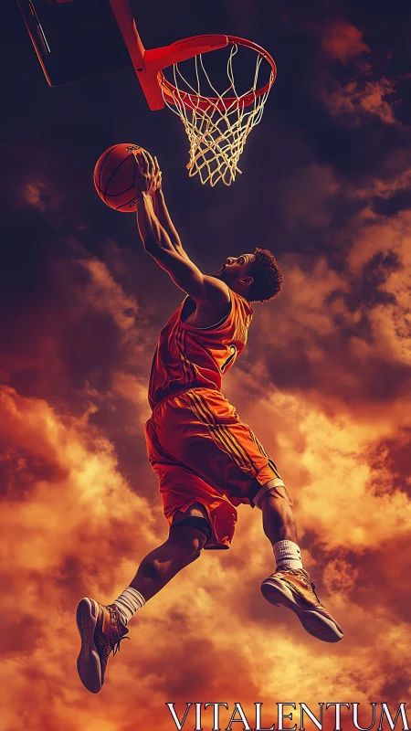 Basketball player executing dunk against dramatic sky backdrop.