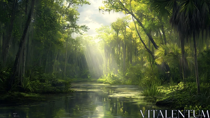 Sunlit Forest River Passage Through Ancient Trees.