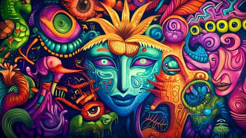 Psychedelic mask portrait merges tribal motifs and neon creatures