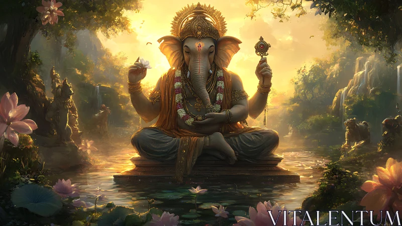 Ganesha statue in lotus pond with surrounding forest light.