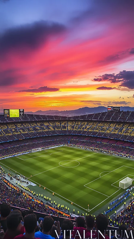 Stadium of green dreams glows beneath a painted fire sky