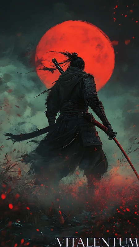 Lone samurai confronts a blood-red moon in burning mist.