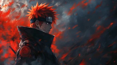Red-haired ninja stands amid swirling ember storm at dusk.