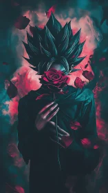 Spiky haired figure holding red rose amid teal smoke.