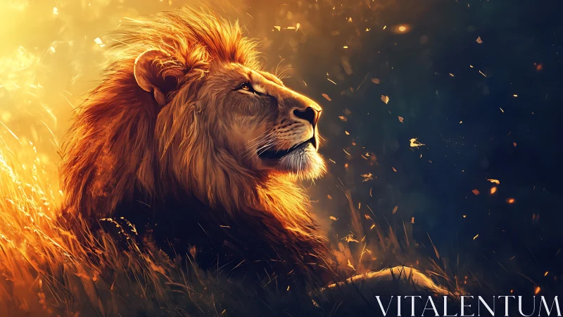 Lion profile glows under golden cinematic sunset light.