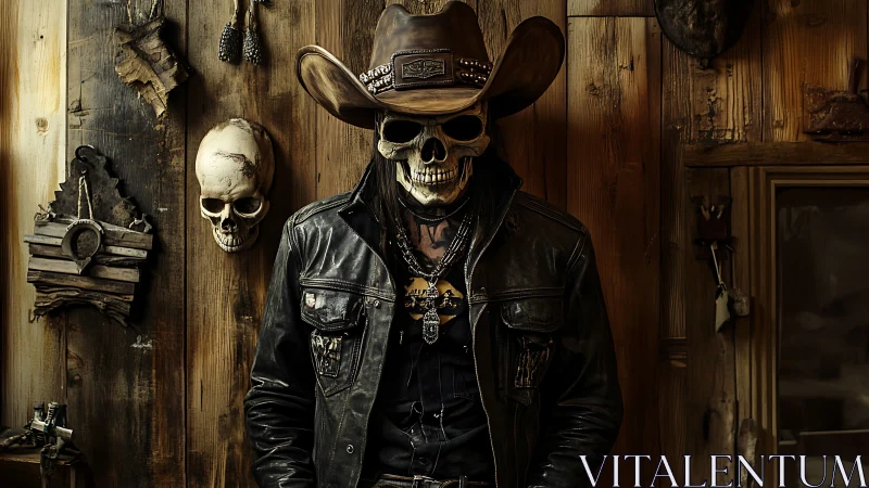 Cowboy skull figure in leather jacket within rustic cabin.