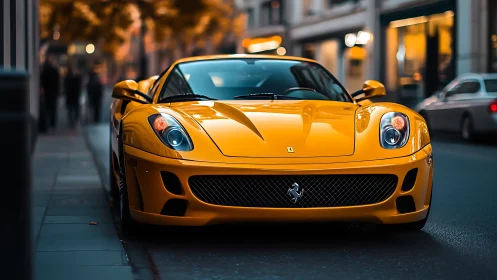 Golden sports car glowing softly on a twilight city street.