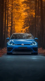 Blue Volkswagen hot hatch framed by golden forest road.