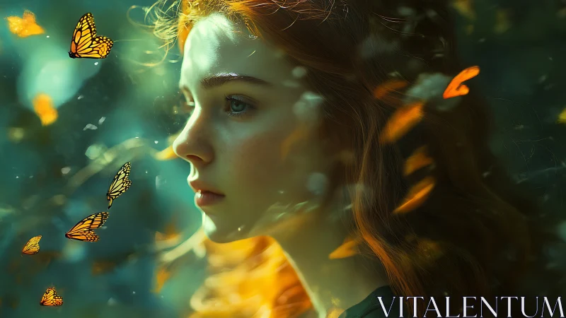 Gentle red haired dreamer watches glowing butterflies drift by