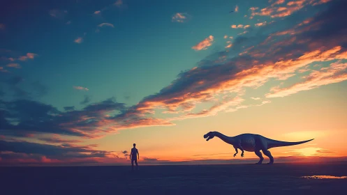 Silhouetted human and sauropod rendered against high-saturation sunset