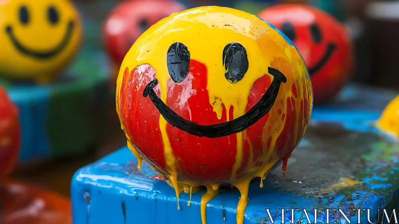 Smiley face sphere covered in dripping yellow and red paint.