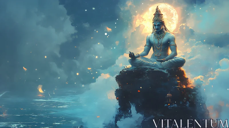 Moonlit celestial meditation above a tranquil glowing sea.