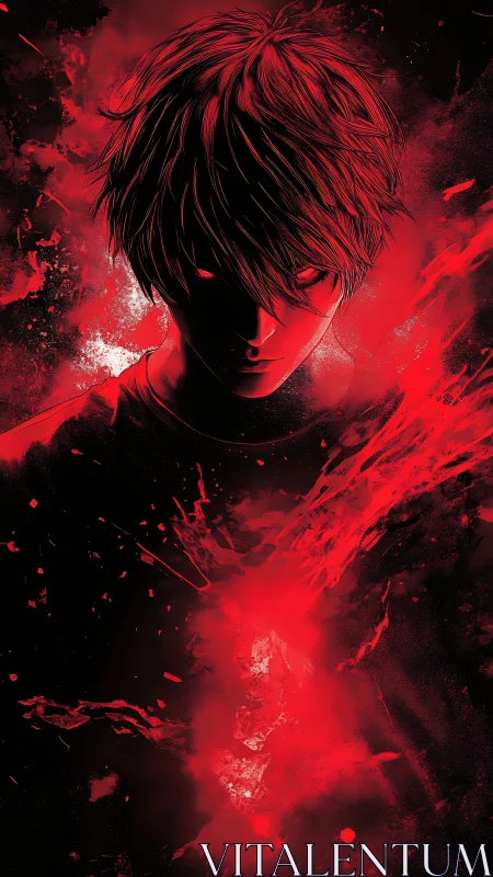 Anime infernal portrait with high-contrast red energy field.