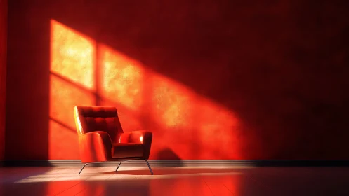 Red armchair in sunlight against textured red wall.