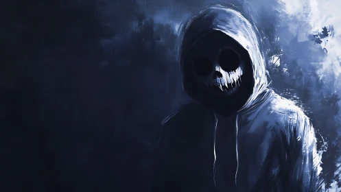 Shadowed skull-faced figure waits quietly in a midnight alley