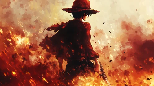 Lone anime gunslinger walks through blazing inferno of fire.