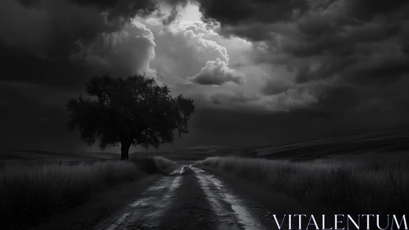 Solitary countryside tree beneath luminous storm clouds.
