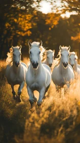 Galloping white horses in golden hour backlit meadow charge