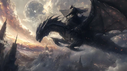 Armored rider on dark dragon above cloudy fantasy city.