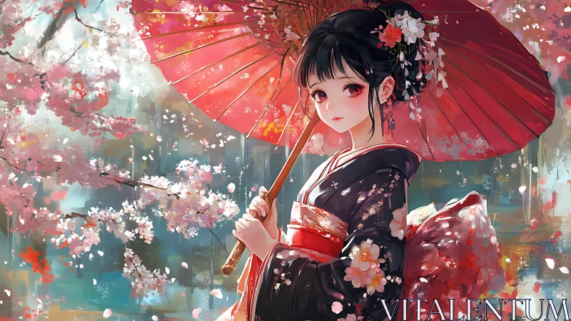 Anime girl in kimono under red umbrella with blossoms.