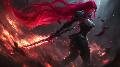 Crimson-haired demon warrior strides through molten battlefield.