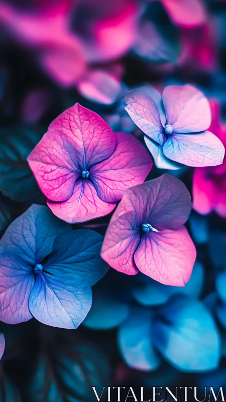 Neon-Tinted Hydrangea Blooms with Magenta and Cyan Color Grading