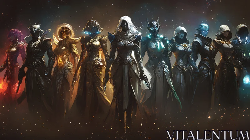 Mystic sci fi guardians stand united in glowing cosmic dusk
