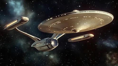 Starship glides through luminous deep space starfield.
