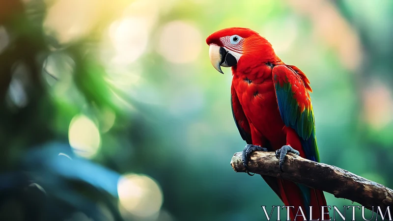 Vibrant Scarlet Macaw on Branch in Dreamy Nature Background.