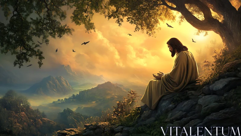Solitary robed figure praying on sunlit mountain ridge at dawn.