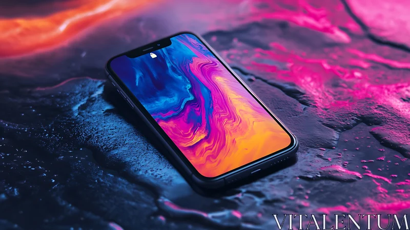 Smartphone on wet surface with abstract vivid display image.