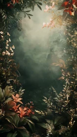 Dense tropical foliage framing misty central clearing scene.