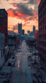 Deserted industrial avenue at dusk with glowing skyline clouds.