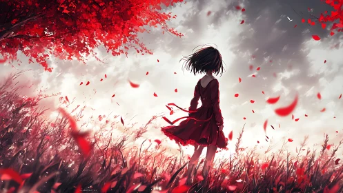 Girl in red dress standing in windswept red field at dusk.