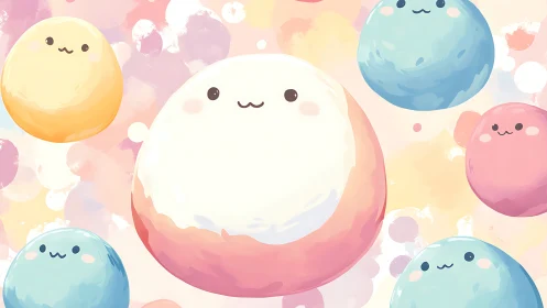 Pastel kawaii spheres float in soft-focus abstract space