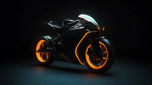 Futuristic sport motorcycle glows with orange neon lighting