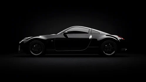 Sleek black sports coupe glowing softly in the dark studio.