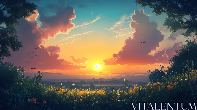 Sunrise meadow dreams under storybook clouds and birdsong glow.