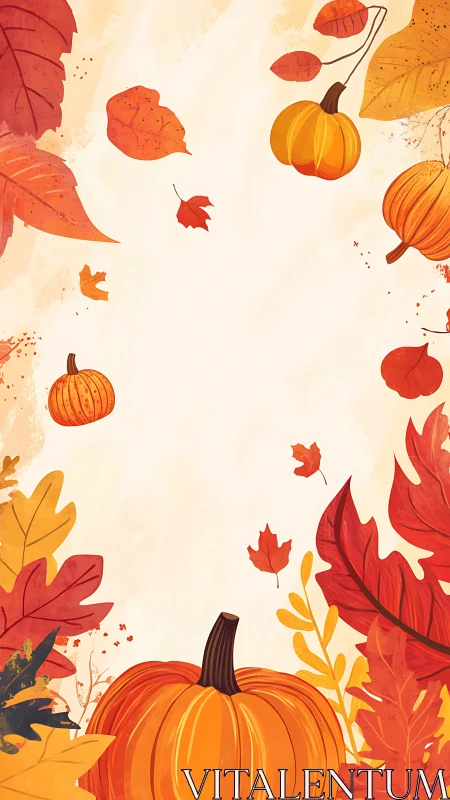 Autumn pumpkins and falling leaves frame warm blank space.