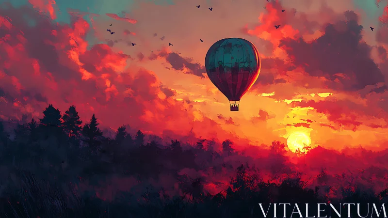 Hot air balloon drifts across fiery digital sunset sky.