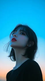 Soft-lit upward portrait under gradient twilight sky backdrop