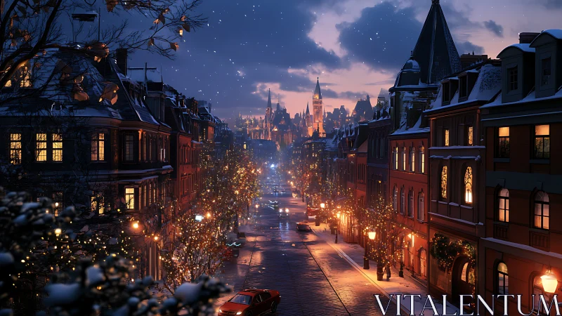 Snow covered city street with illuminated buildings at dusk.