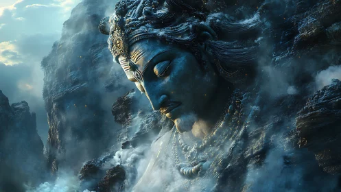 Colossal stone deity emerging from misty mountain cliffs.