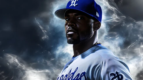 Photorealistic baseball portrait with dramatic rim lighting setup.