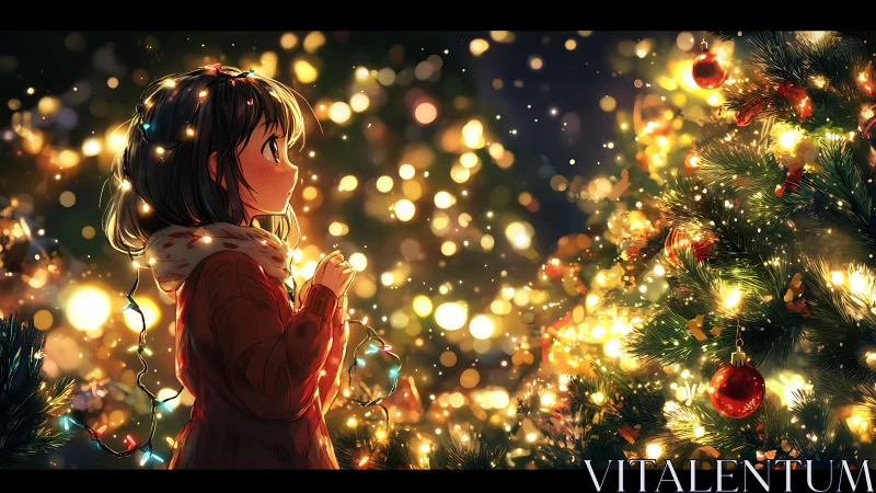 Festive anime girl gazes at luminous Christmas tree lights.